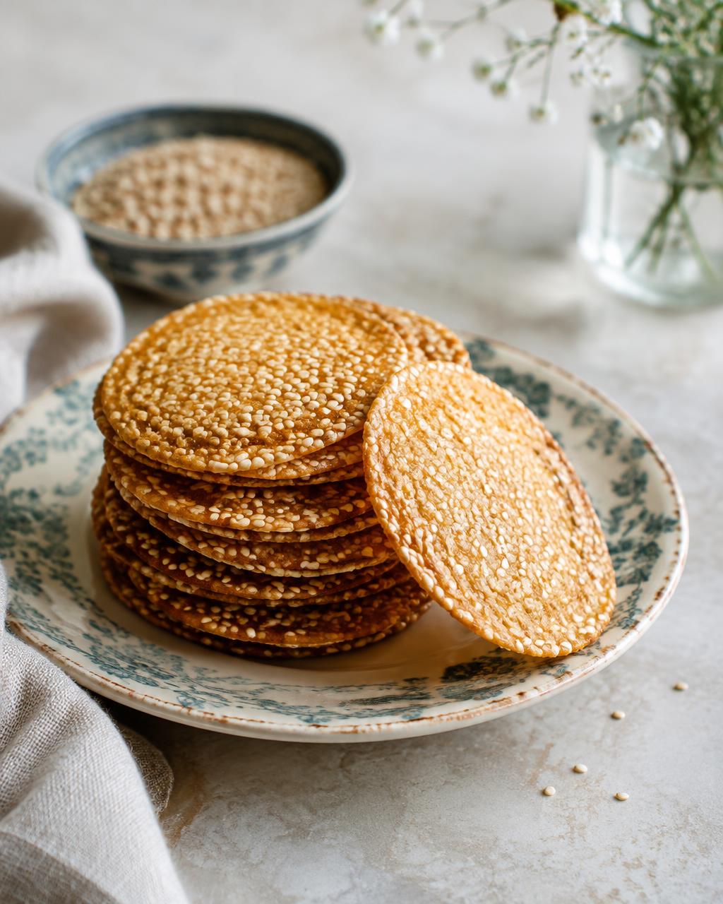 A stack of thin golden benne wafers on a vintage plate