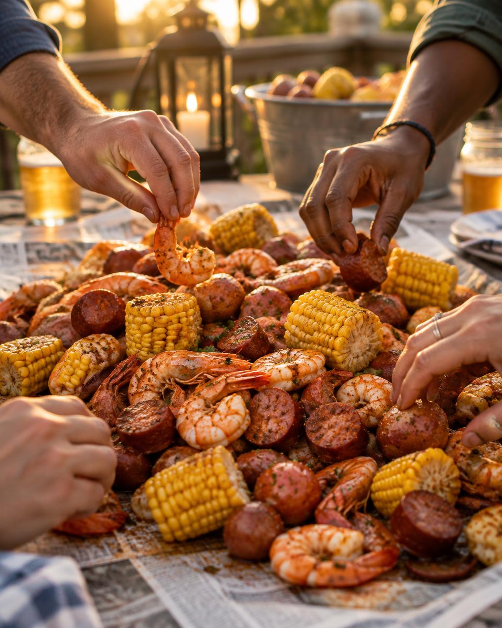 Hands reaching into a Lowcountry boil spread across a newspaper-covered table