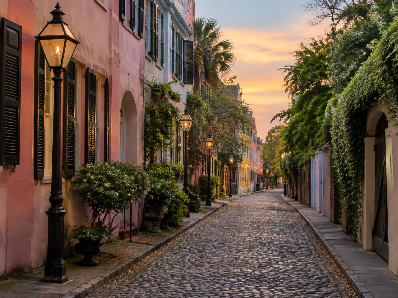 A cobblestone lane lined with gas lamps in the French Quarter