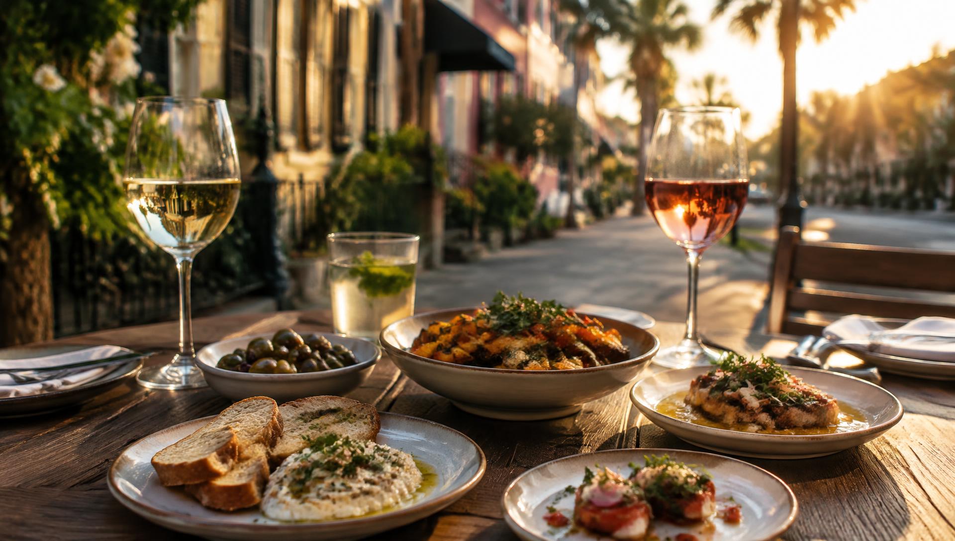 Golden-hour table on a Charleston street with shared plates, white wine and rosé