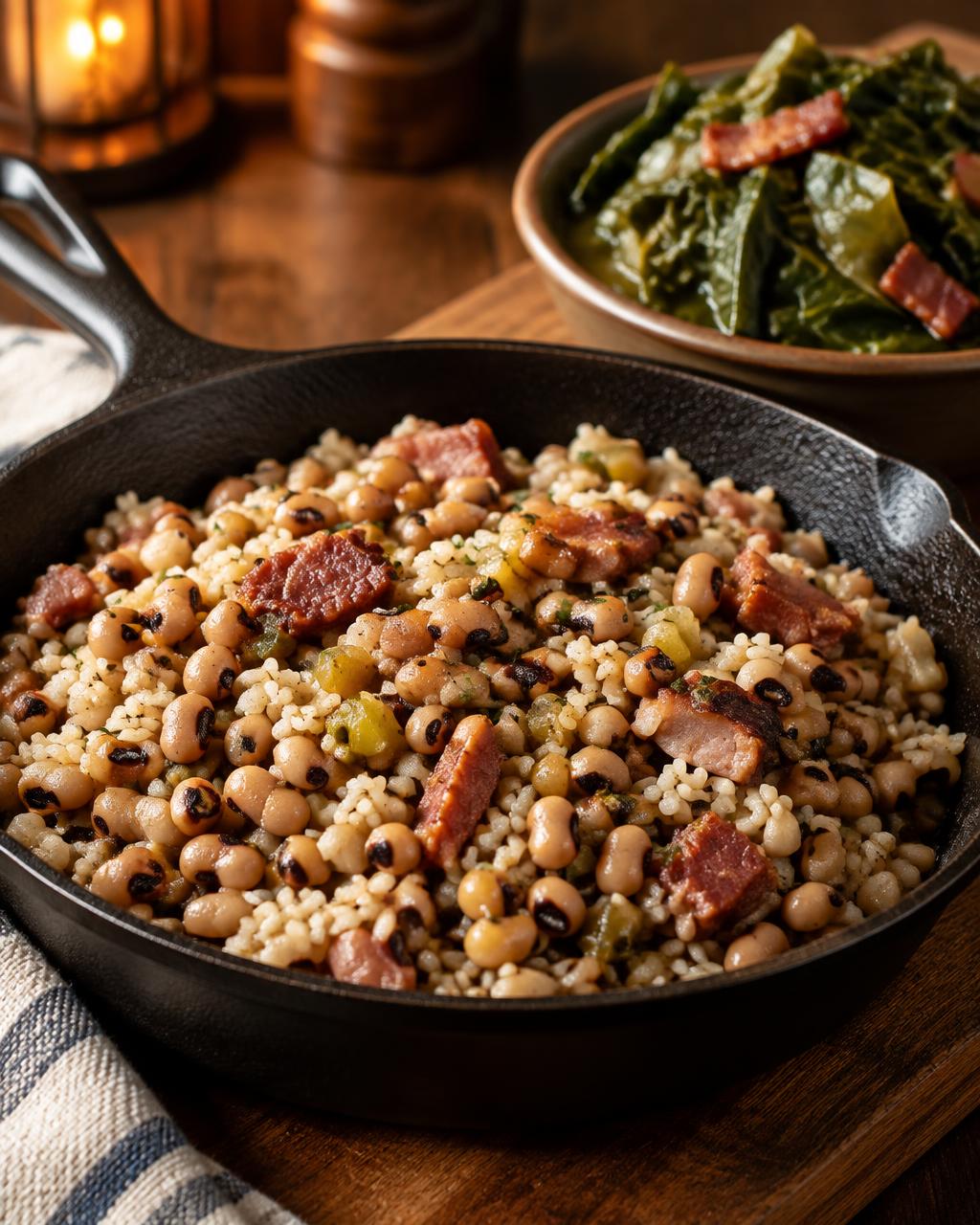 Hoppin' John with field peas, rice and ham in a cast iron skillet
