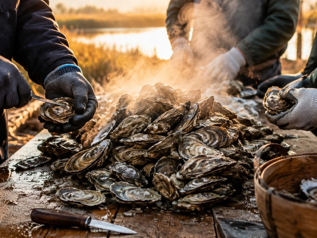 Steaming oysters piled on a wooden table at an oyster roast