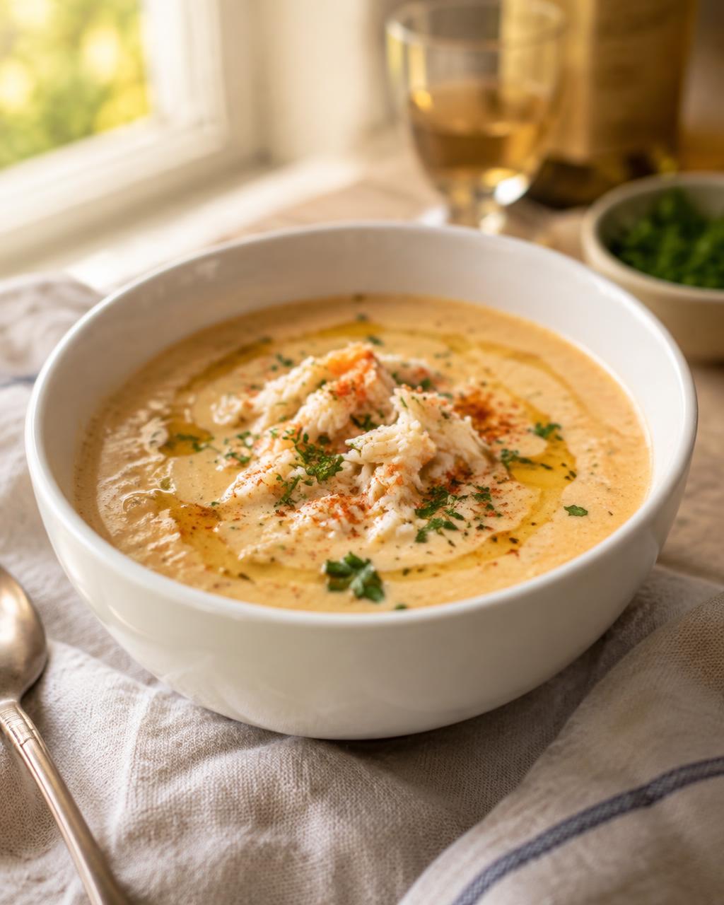 A white bowl of she-crab soup topped with crab and paprika