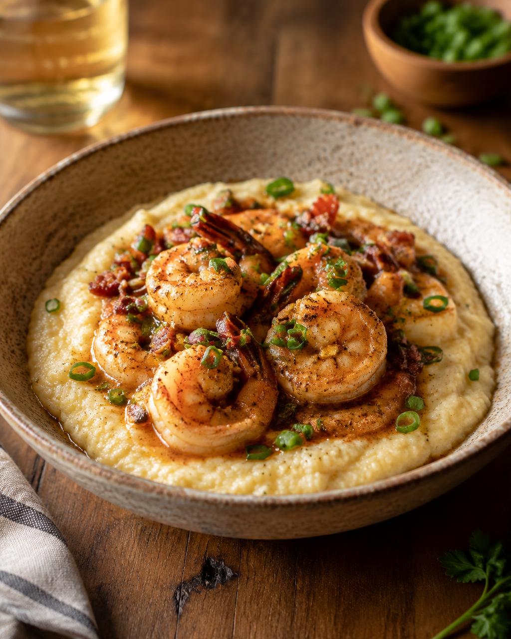 Shrimp and grits in a stoneware bowl