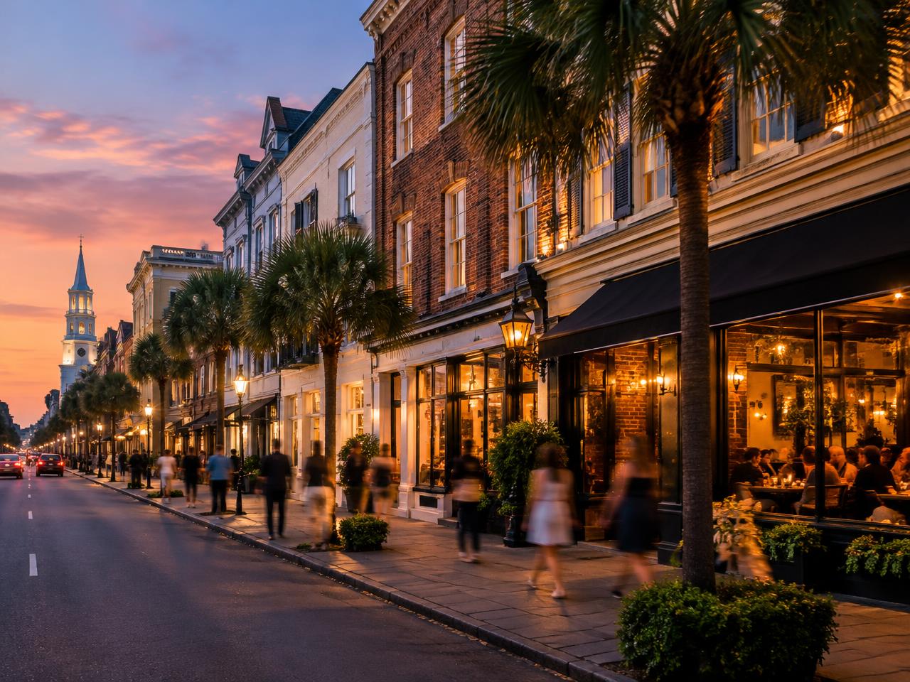Upper King Street at dusk with glowing restaurant windows and palmettos